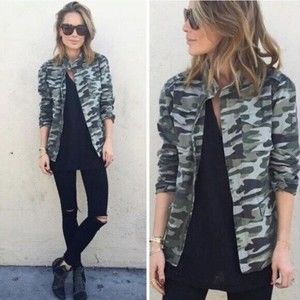 Anine Bing Camo Army Jacket Full Zip Front Snap Pockets Green High Collar Small